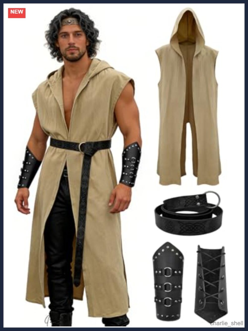 Men's Renaissance Costume Set Hooded Surcoat Faux Leather Belt Bracers Medieval